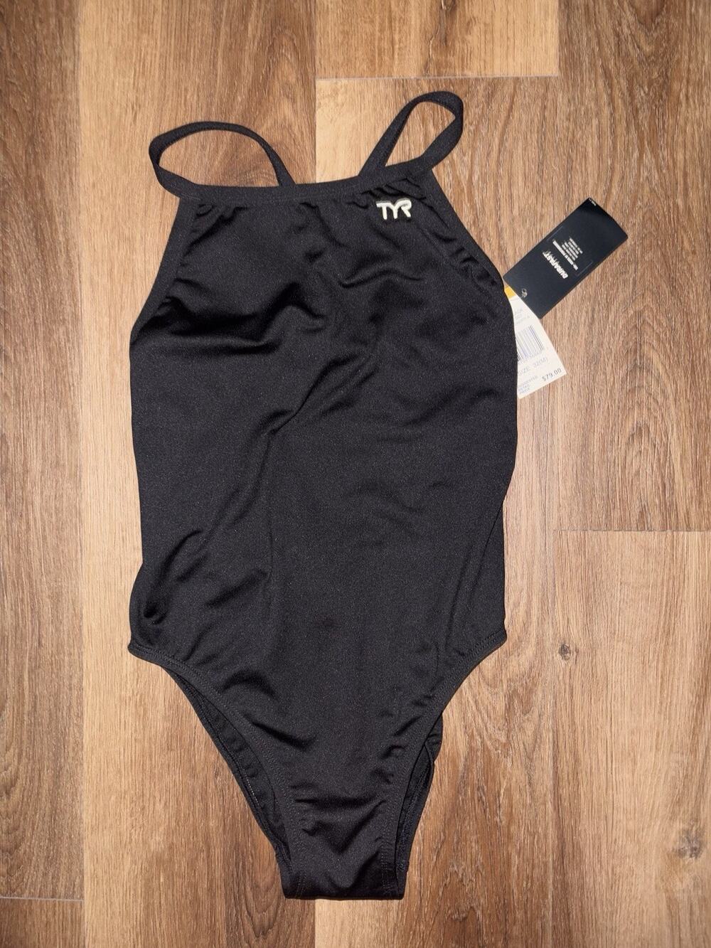 NWT TYR Durafast One-Piece Swimsuit Solid Black Size 32 M Athletic Racing